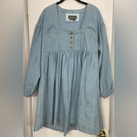 Anthropologie Long Sleeve Square Neck Denim Mini Babydoll Dress Blue Size Small - Picture 4 of 9